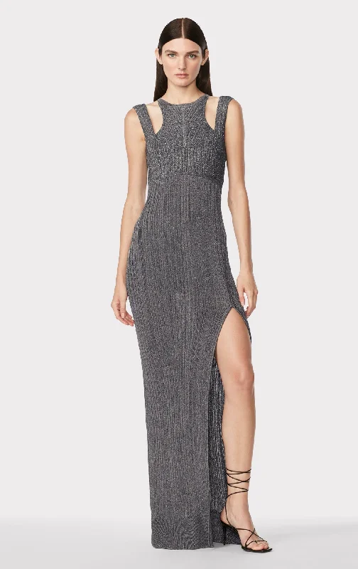 Metallic Variegated Rib S/L Gown | Metallic Gunmetal Earthy tone unclassified dresses
