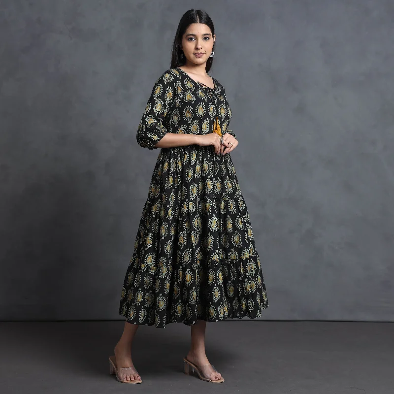 Black - Hand Batik Printed Cotton Flared Gher Dress Stretchy unclassified dresses