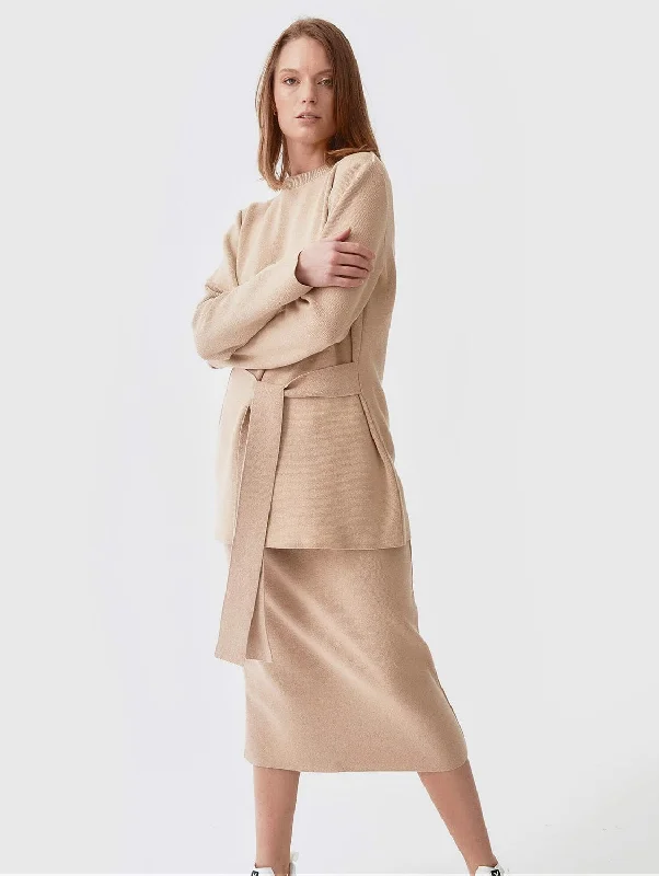 Knitted Organic Cotton Belted Tunic | Sand Bright color unclassified dresses