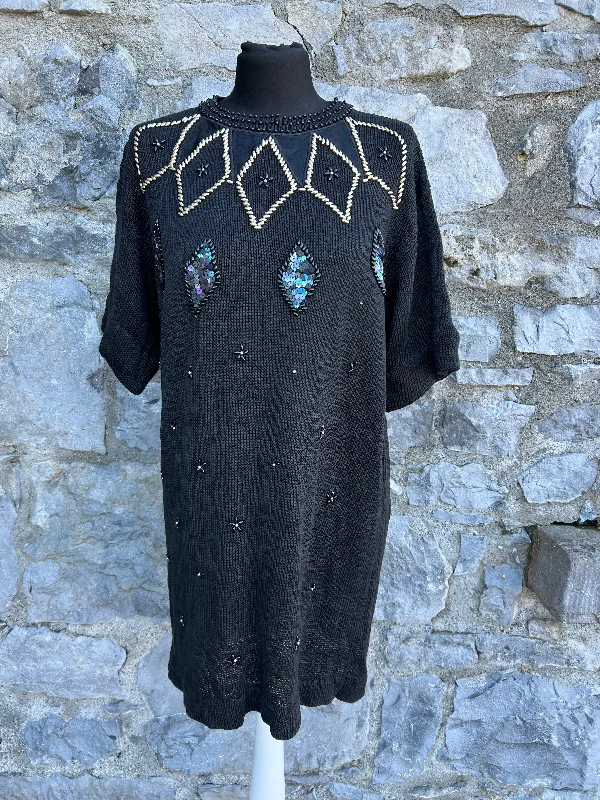 80s black embroidered knitted dress uk 12-14 Satin unclassified dresses
