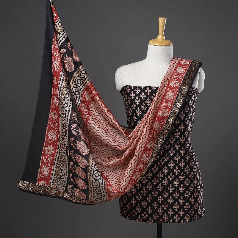Black - 3pc Maheshwari Silk Bagru Print Dress Material 18 Fall unclassified dresses