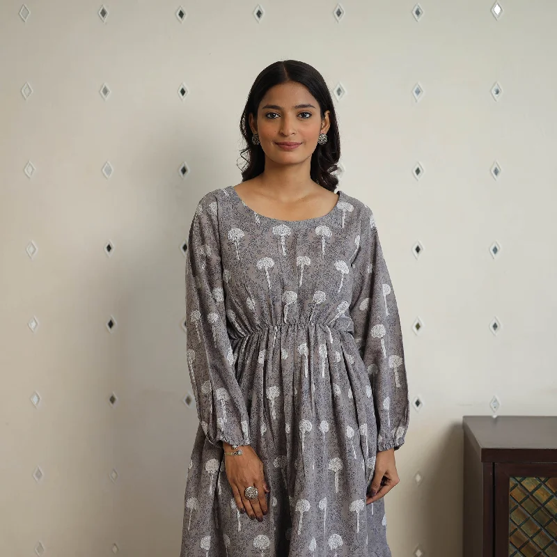 Grey - Block Printed Cotton Fit & Flare Bagru Dress 05 Lightweight unclassified dresses