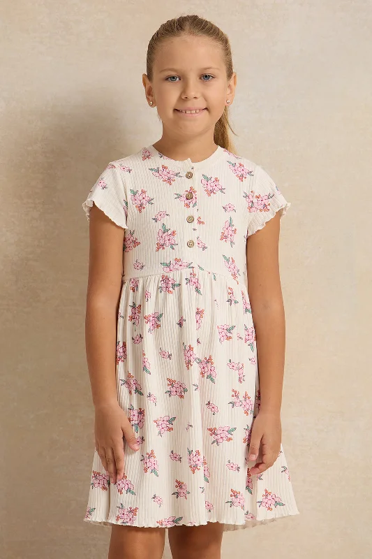 Girls White Print Rib Dress Satin unclassified dresses
