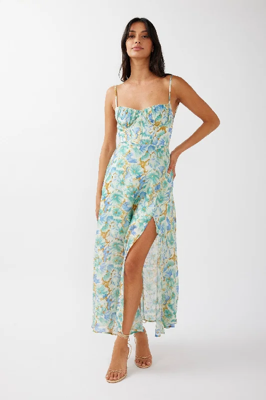 Echoes Tied Back A-Line Midi Dress Floral Green