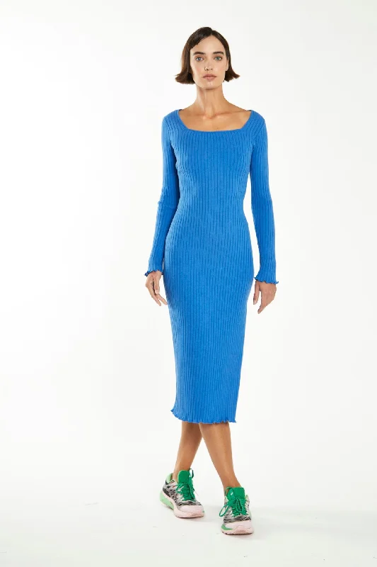 Ultramarine Blue Square-Neck Knit Midi-Dress