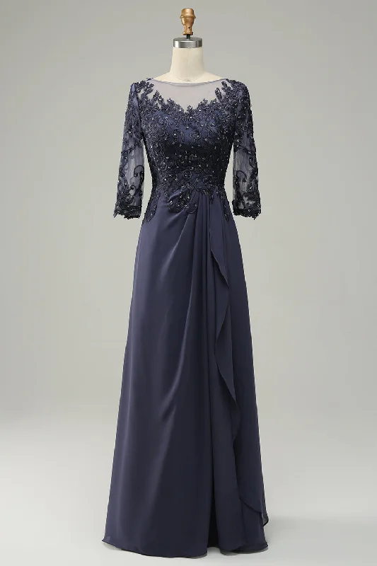 Long Sleeves Blue Mother of Bride Dress with Appliques