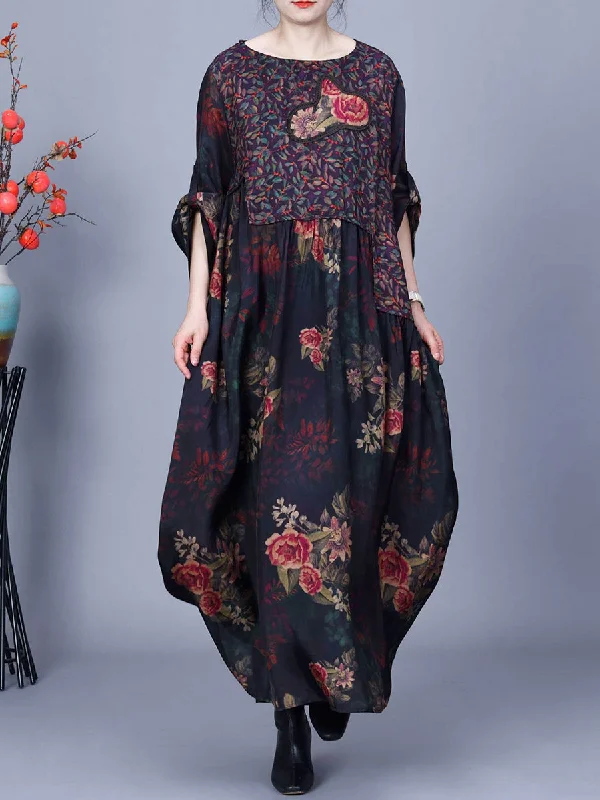 Women Vintage Floral Spliced Spring Loose Dress CO1011