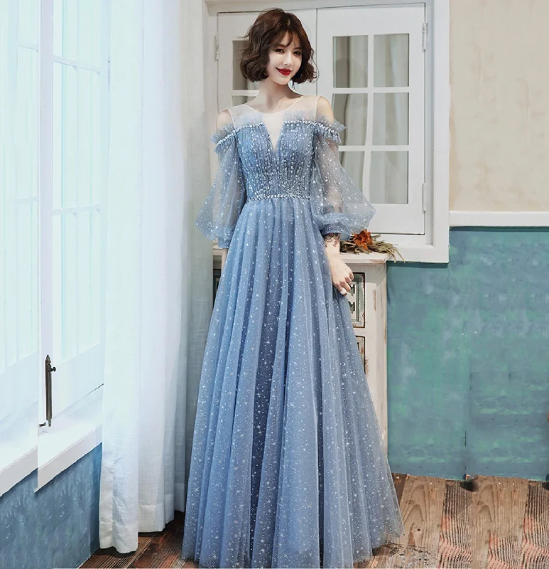 Blue tulle long prom dress A line evening gown  8955