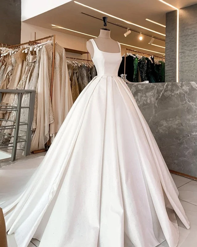 Simple Wedding Dress Satin Square Neckline Straps Ball Gown White Lace Gown