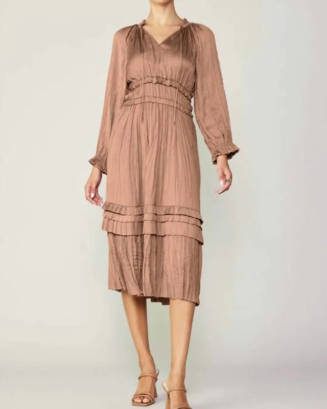 Long Sleeve Split Neck Long Dress In Dusty Clay | Dusty Clay Sequin maxi dresses