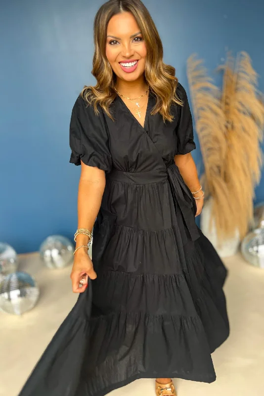 Black Puff Short Sleeve Wrap Midi Dress *FINAL SALE* Long sleeve midi dresses